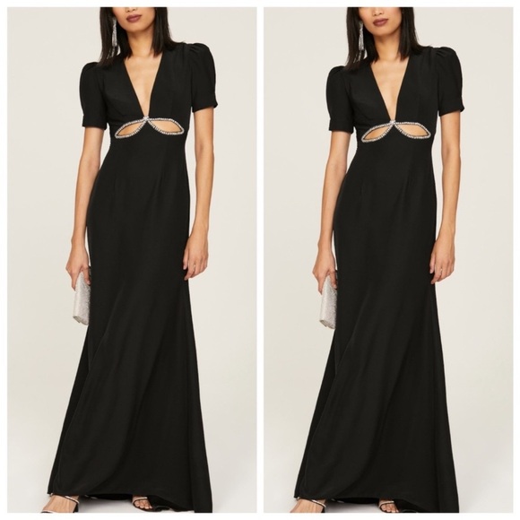 Mac Duggal Embellished Cutout Gown rhinestone puff sleeve bow black maxi - Picture 1 of 10